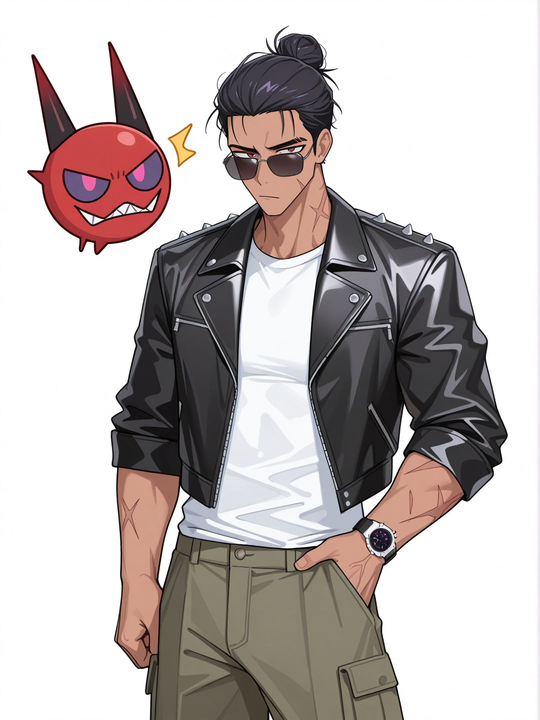 [toon-shaded-style] 1boy, demon, mature, athletic, muscular, tall, stocky, black_hair, bun, long_hair, red_eyes, purple_eyes, scar, tan_skin, leather_jacket, t-shirt, cargo_pants, studs, mechanical_watch, sunglasses, single_character, full_body, looking_at_viewer, anime_style, simple_background, white_background