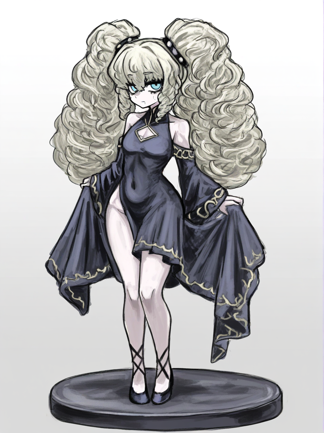 [sketchy-painterly-style] 1girl, figurine, mature_female, curvy, slim, petite, short, blonde_hair, long_hair, curly_hair, pigtails, blue_eyes, dimples, pale_skin, black_dress, tassels, headband, single character, full body, looking at viewer, anime style, simple background, white background