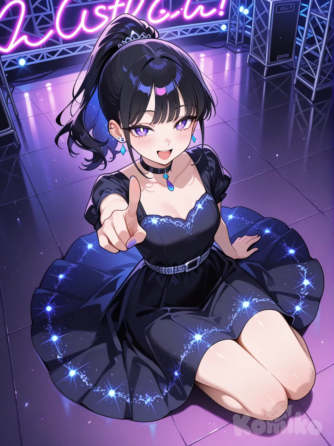 singing, pointing at viewer, smile, little black dress, evening dress, studs, choker, earrings, high ponytail, straight bangs, charcoal black, full body, sitting on the ground, from above, neon lights, stage