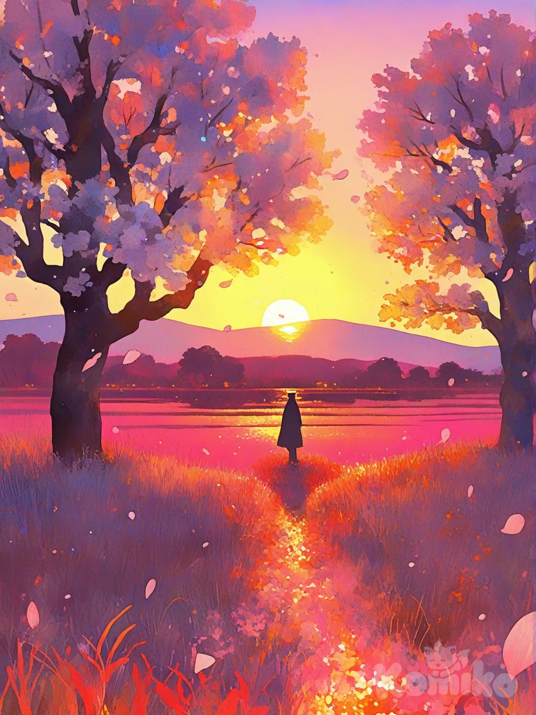 [sweet-painting-style] сакура в цвету стоит на вершине холма, а за горизонтом встаёт солнце. Под сакурай стоит самурай и встречает рассвет.