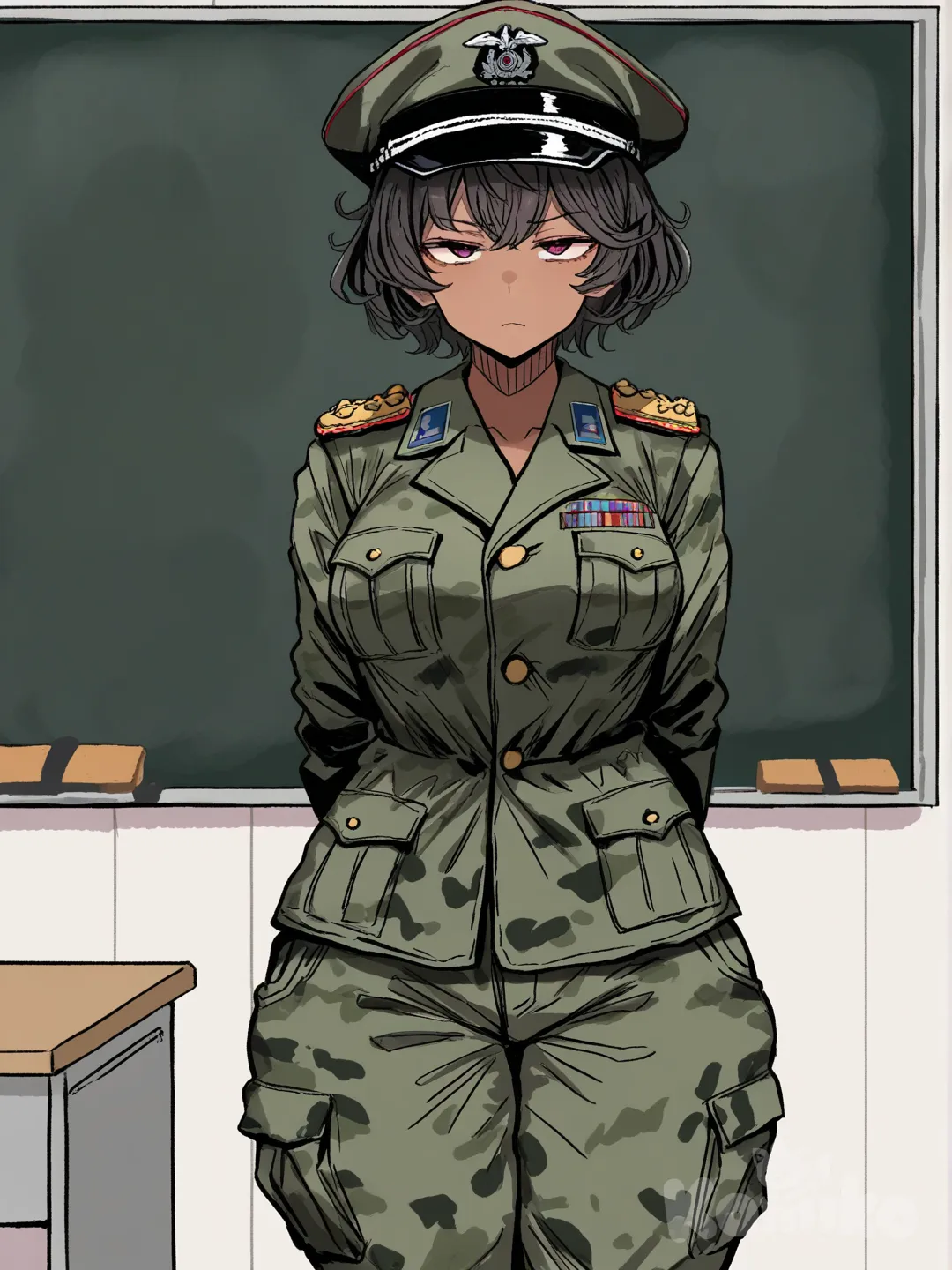 +18, uma garota humana de cabelo curto e preto cacheados, olhos vermelhos, pele morena, peitos medios e coxas grandes, roupa militar verde camuflada ela é a general do exército calça militar, chapeu cap preto, ela esta séria numa sala de instrução [hentai-style]