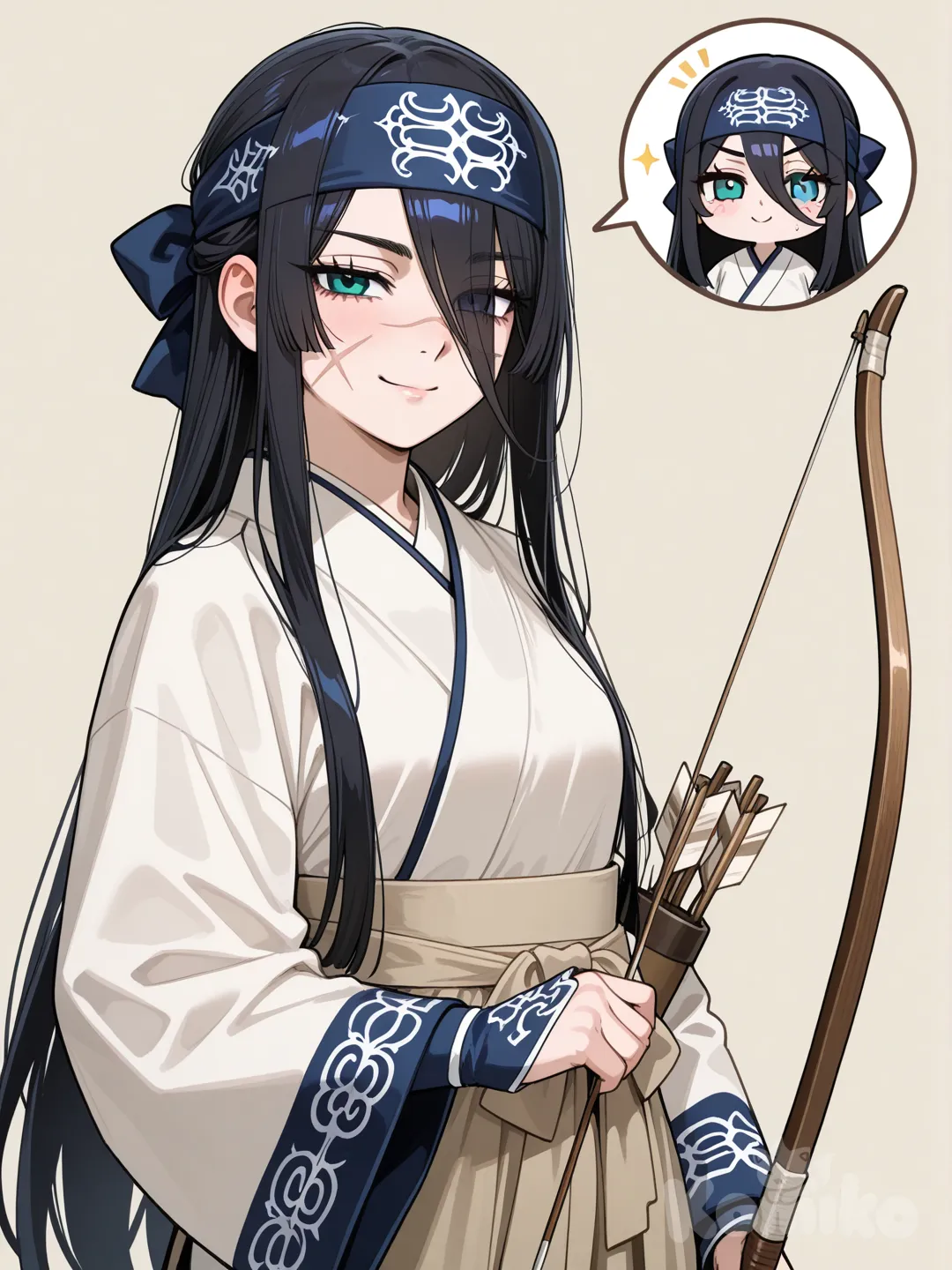 Minha oc para o pouco conhecido anime Golden kamuy sora uma mulher 24 anos ,tem cabelos pretos extremamente pretos lisos e ,olhos azuis esverdeados , magra corpo bonito, rosto fofo porém sério e maduro ! Suas veste Ainu cor marrom claro quase branco com detalhes azuis aquelas calças e aquelas roupas compridas, usa arco e flechas de madeira envenenada ,1.65 , rosto gentil sorrindo confiante um olhar que transmite ironia e talvez confiança e Vitória mulher muito bonita,tem mente uma pequena e sutil cicatriz em forma de x na bochecha esquerda seguir um pouco mais perto com a câmera presta atenção é uma cicatriz só só uma não tem risco no meio é só o x