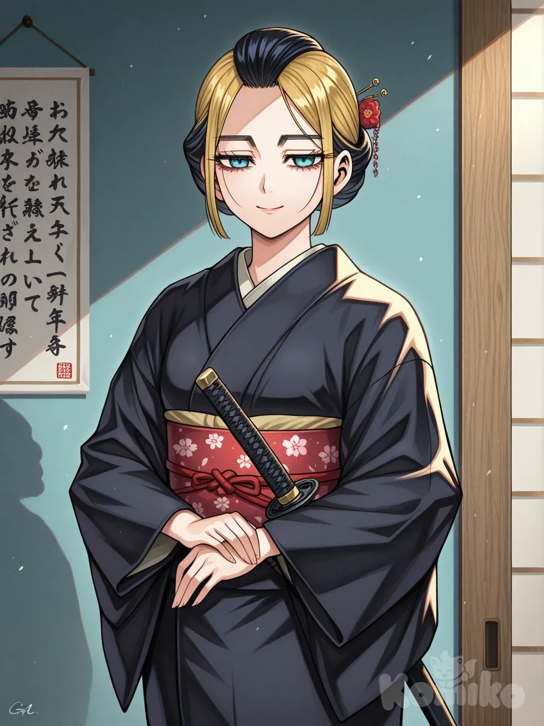 Minha oc para o pouco conhecido anime Golden kamuy, Gia hijikata 24 anos japonêsa, tem cabelos loiros liso curtos com uma mecha bem pequena de cabelo preto , e olhos claros cor de azul turquesa , usa kimonos pretos , 1:62 de altura , médica mas também guerreira da katana uma onna bugeisha a mulher essa samurai moderna, só tem o rosto feminino delicado Mais maduro gentil , ela é a neta do velho toshizou hijikata , Golden kamuy