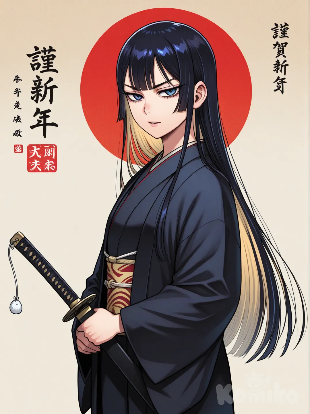 Minha oc para o pouco conhecido anime Golden kamuy, Gia hijikata 24 anos japonêsa, tem cabelos loiros liso curtos com uma mecha bem pequena de cabelo preto , e olhos claros cor de azul turquesa , usa kimonos pretos , 1:62 de altura , médica mas também guerreira da katana uma onna bugeisha a mulher essa samurai moderna, só tem o rosto feminino delicado Mais maduro gentil , ela é a neta do velho toshizou hijikata , Golden kamuy