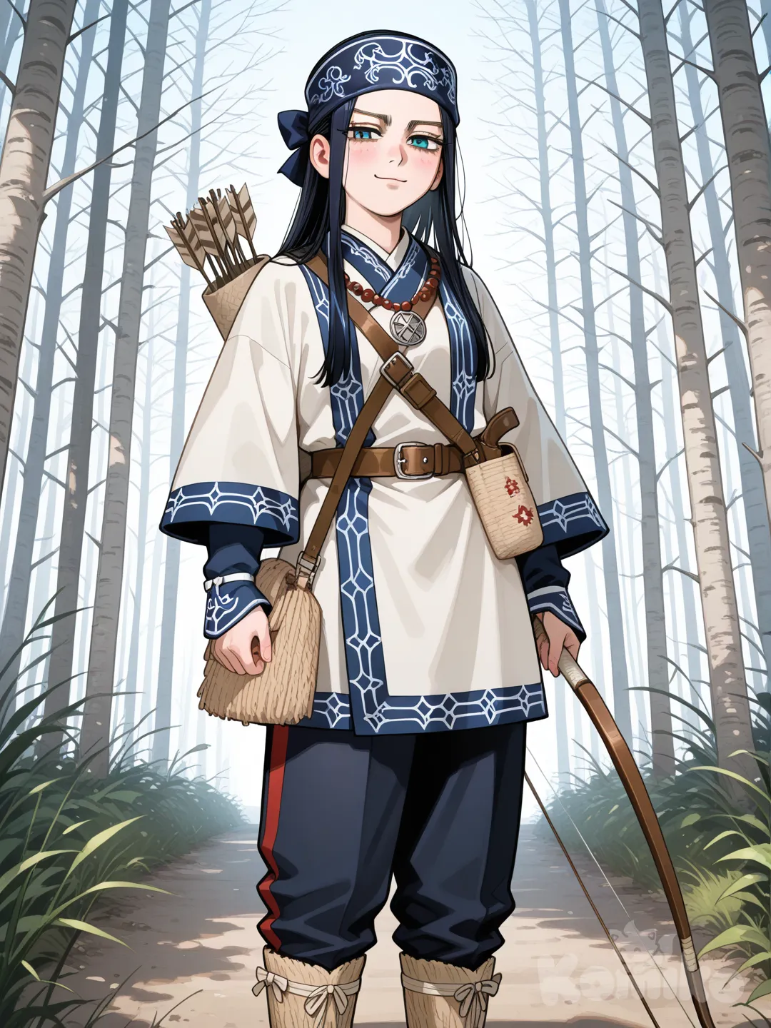 Minha oc para o pouco conhecido anime Golden kamuy sora uma mulher 24 anos ,tem cabelos pretos extremamente pretos lisos e ,olhos azuis esverdeados , magra corpo bonito, rosto fofo porém sério e maduro ! Suas veste Ainu branco com detalhes azuis aquelas calças quase preto e aquelas roupas as botas também parecem ser feitas de coisas artesanais , pescoço ela tem um pingente grande no formato de uma estrela de seis pontas feita de madeira pintada na cor azul e preto, também carrega uma daquelas bolsas feitas de casca de madeira e palha artesanal , usa arco e flechas de madeira envenenada ,1.65 , rosto gentil sorrindo confiante um olhar que transmite ironia e talvez confiança
