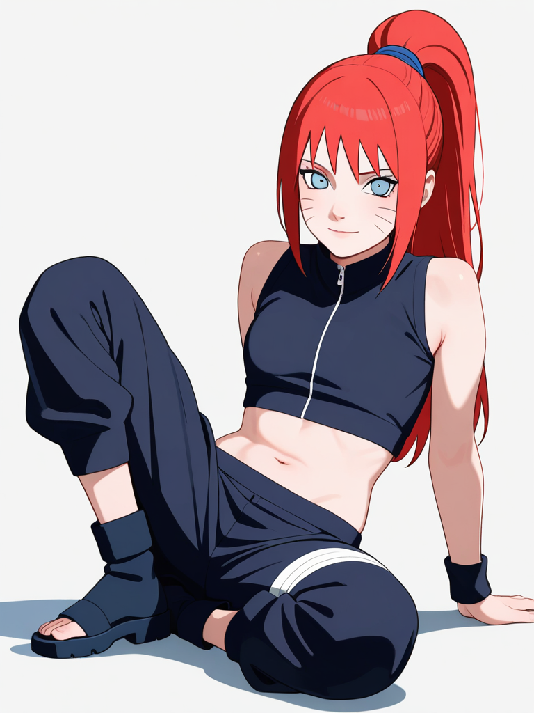 1girl, naruto (series), original_character, kira_uzumaki, red_hair, straight_hair, long_hair, ponytail, bangs, blue_eyes, fair_skin, whisker_marks, golden_chakra_chains, single character, full body, looking at viewer, anime style, simple background, white background