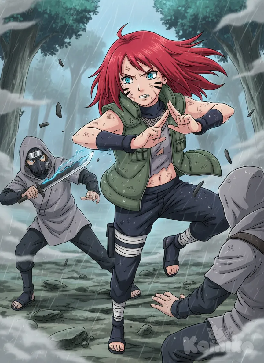 Minha oc Kira uzumaki 21 anos menina criança cabelo vermelho, olho azul , pele clara , e 3 riscas em cada lado do rosto, é uma ninja jounin aldeia da Folha ela usa uniforme Jounin , ela está ferida parte do uniforme superior rasgado , mas ainda lutando contra dois ninjas da névoa