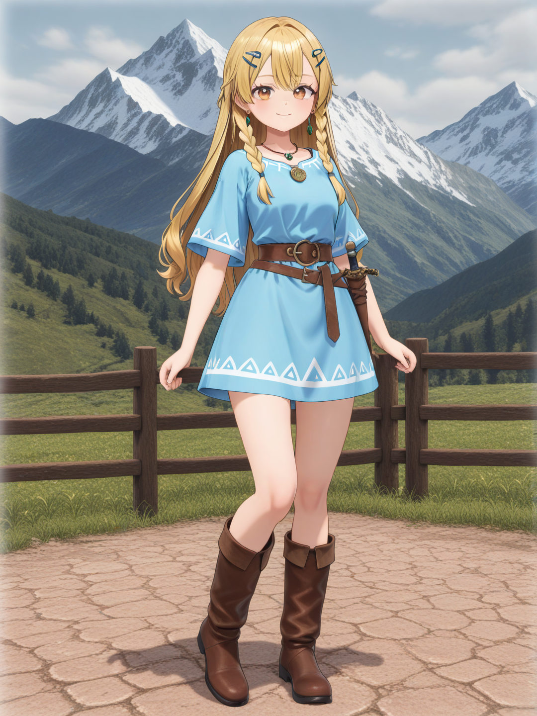 [3d-anime-style] 1girl, blonde hair, hazel eyes, double braided hair, light blue tunic, brown belt, bronze necklace, bronze earrings, brown boots with buckles, gentle smile, bronze hair pin, mountain background, single character, full body, looking at viewer, anime style