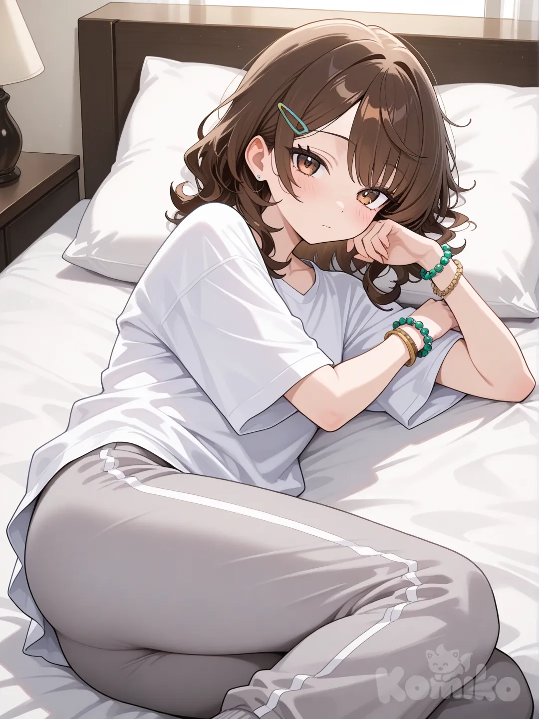 1girl, medium-length wavy brown hair, natural volume, hair clip on one side, warm brown eyes, white oversized t-shirt, light gray sweatpants, colorful beaded bracelets on both wrists, on bed lying