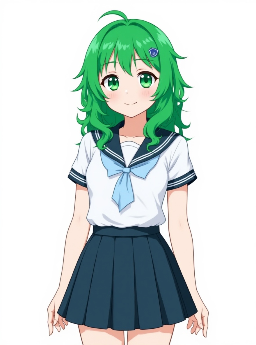 1girl, teenager, scrawny, green hair, green eyes, fair skin, pencil skirt, school uniform, single character, full body, looking at viewer, anime style, simple background, white background