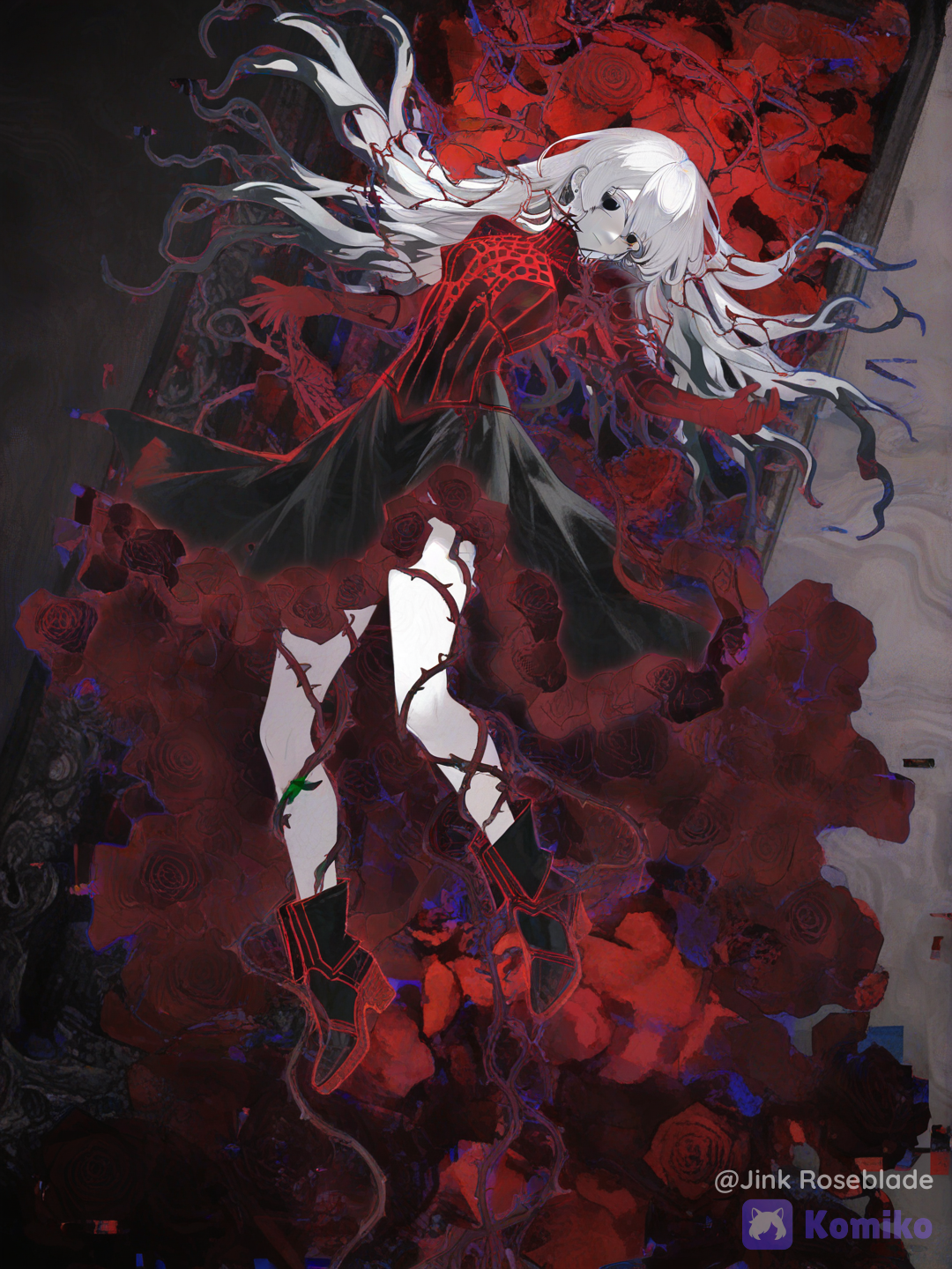 [watercolor-illustration-style]Jinx Roseblade possesses an ethereal, genderless beauty that defies mortal perception, with long silver-white hair cascading over a slender frame and pale skin that seems almost porcelain. Their empty black eyes are unsettling yet mesmerizing, carrying an ancient, emotionless gaze. Clad in flowing black ceremonial robes adorned with crimson accents, gothic armor, chains, and rose motifs, Jinx embodies the elegance of a forgotten emperor. Heavy black boots rise just above their ankles, while living thorned vines coil around their legs like intricate tights, blooming with dark crimson roses that pulse with Abyssal Corrosion. Their very presence distorts reality, as blue, violet, and crimson glitches shimmer through the air, making it feel as though the world itself is slowly decaying in their wake.