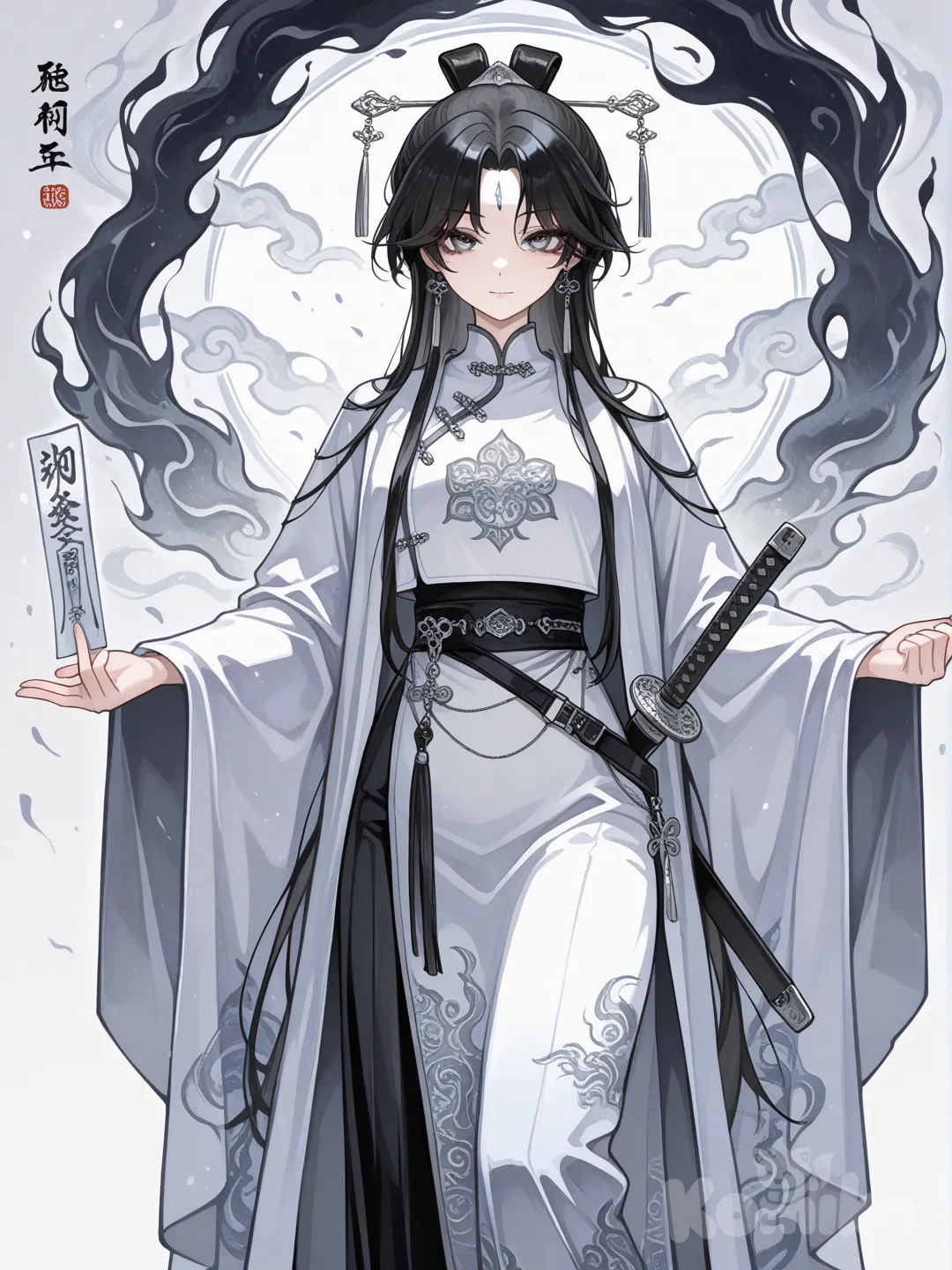 1girl, watercolor, nữ tu tiên song tu kiếm phù, teenager, tall, slim, black hair, gray eyes, fair skin, mắt phượng