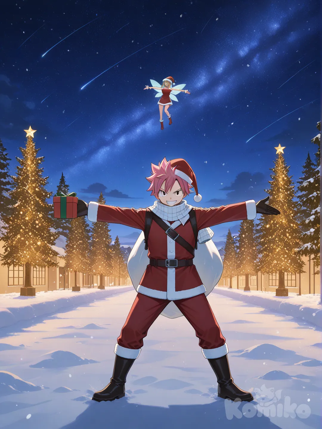 Natsu from Fairy Tail wearing Santa clothes spreading gifts at christians night