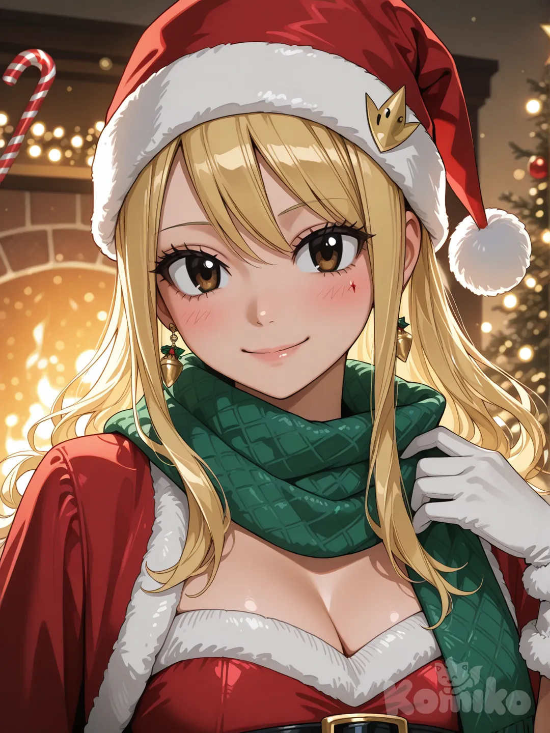 Lucy Heartfilia (Fairy Tail)Ultra-realistic live-action portrait of Lucy from Fairy Tail, reimagined as a lifelike human woman wearing elegant Christmas attire. She has long, vibrant blonde hair styled in soft, flowing waves, partially tucked under a festive red Santa hat trimmed with plush white fur. Her face is beautifully realistic, with large expressive brown eyes, a confident yet warm smile, and delicate facial features that capture Lucy’s charm and intelligence.

Lucy is dressed in a stylish Christmas-inspired outfit: a fitted red velvet dress with white fur lining along the neckline and hem, subtly accented with gold details. The fabric has a luxurious texture with a soft sheen, complemented by a black leather belt with a golden buckle at her waist. She wears matching white fur-trimmed gloves and festive accessories, such as candy-cane-shaped earrings and a cozy green-and-red knitted scarf draped around her neck.

Her pose is confident and playful, reflecting her bold personality, while maintaining elegance. The background features a warmly lit, festive interior with a softly blurred Christmas tree adorned with glowing lights, ornaments, and wrapped presents. A fireplace casts a gentle golden glow, enhancing the cozy holiday atmosphere.

The lighting is cinematic and soft, highlighting realistic skin textures, fabric details, and jewelry reflections. Shallow depth of field, ultra-high resolution, photorealistic rendering, high-end live-action movie quality, capturing Nami’s beauty, confidence, and festive holiday spirit as if she were part of a big-budget live-action adaptation.