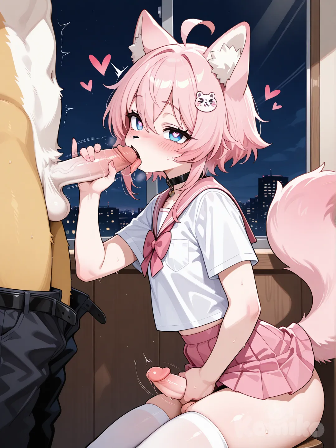 Femboy, nsfw, furry, skirt lift, pink skirt, blow job, implied yaoi, furry with furry, masturbation, ahegao