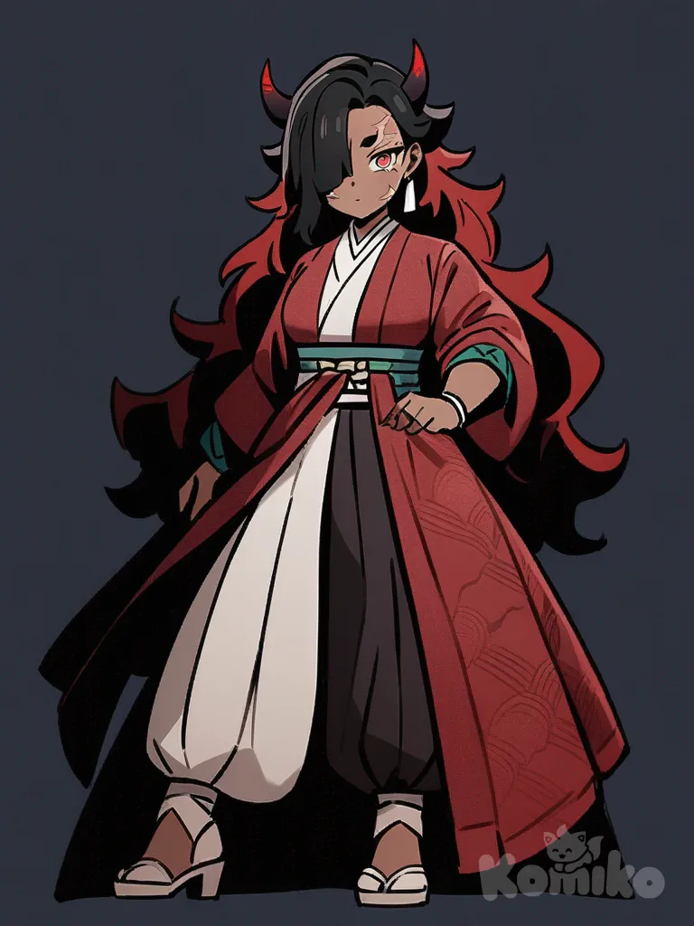 1girl, mature, Demon Slayer style, original character in the world of Demon Slayer, wavy hair, black hair, red hair, red eyes, green eyes, dark skin, black horns, scar over her left eye, single character, full body, looking at viewer, anime style, simple background, white background