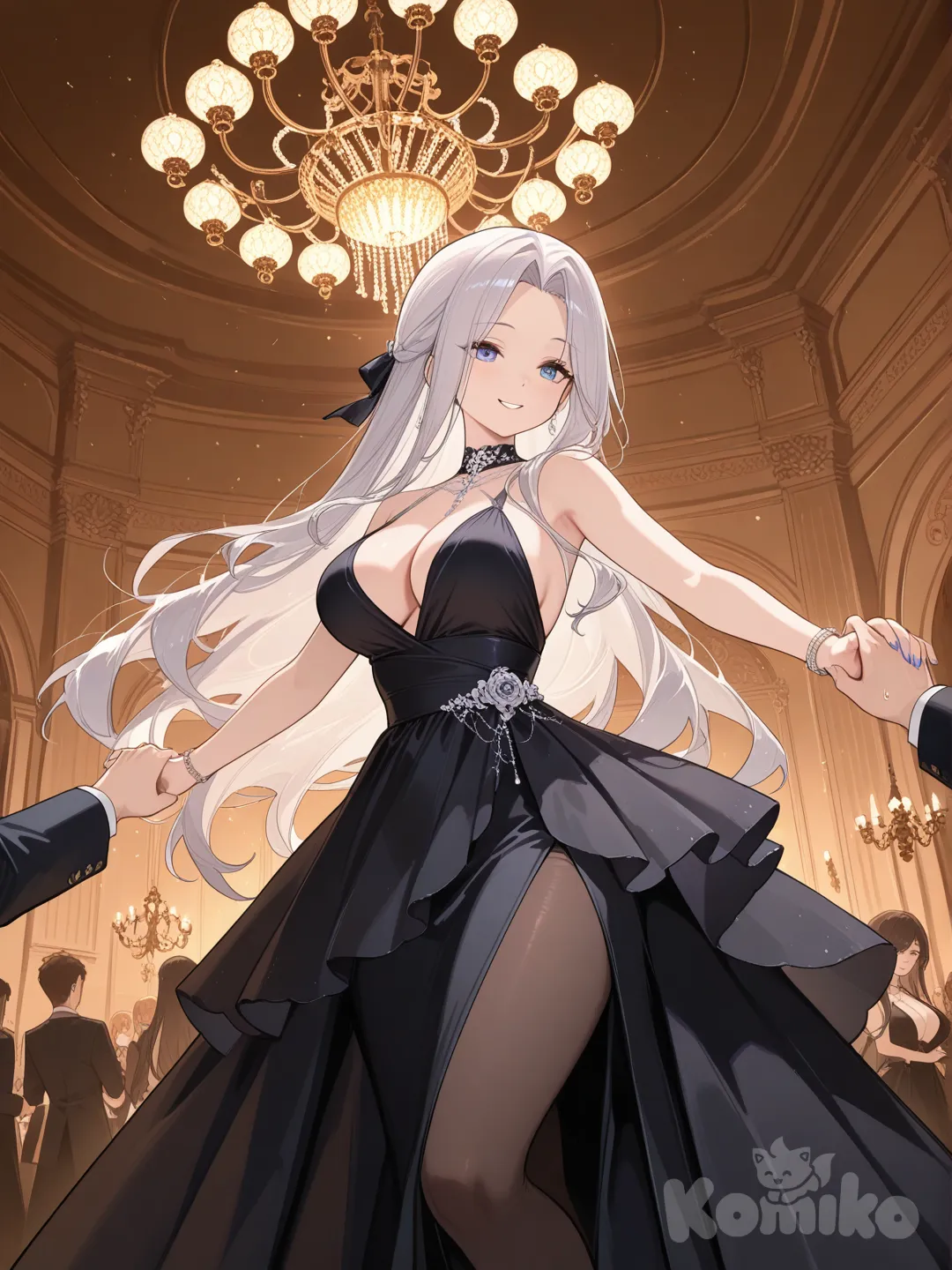 yorktown (azur lane), black dress, holding hands, dancing, party