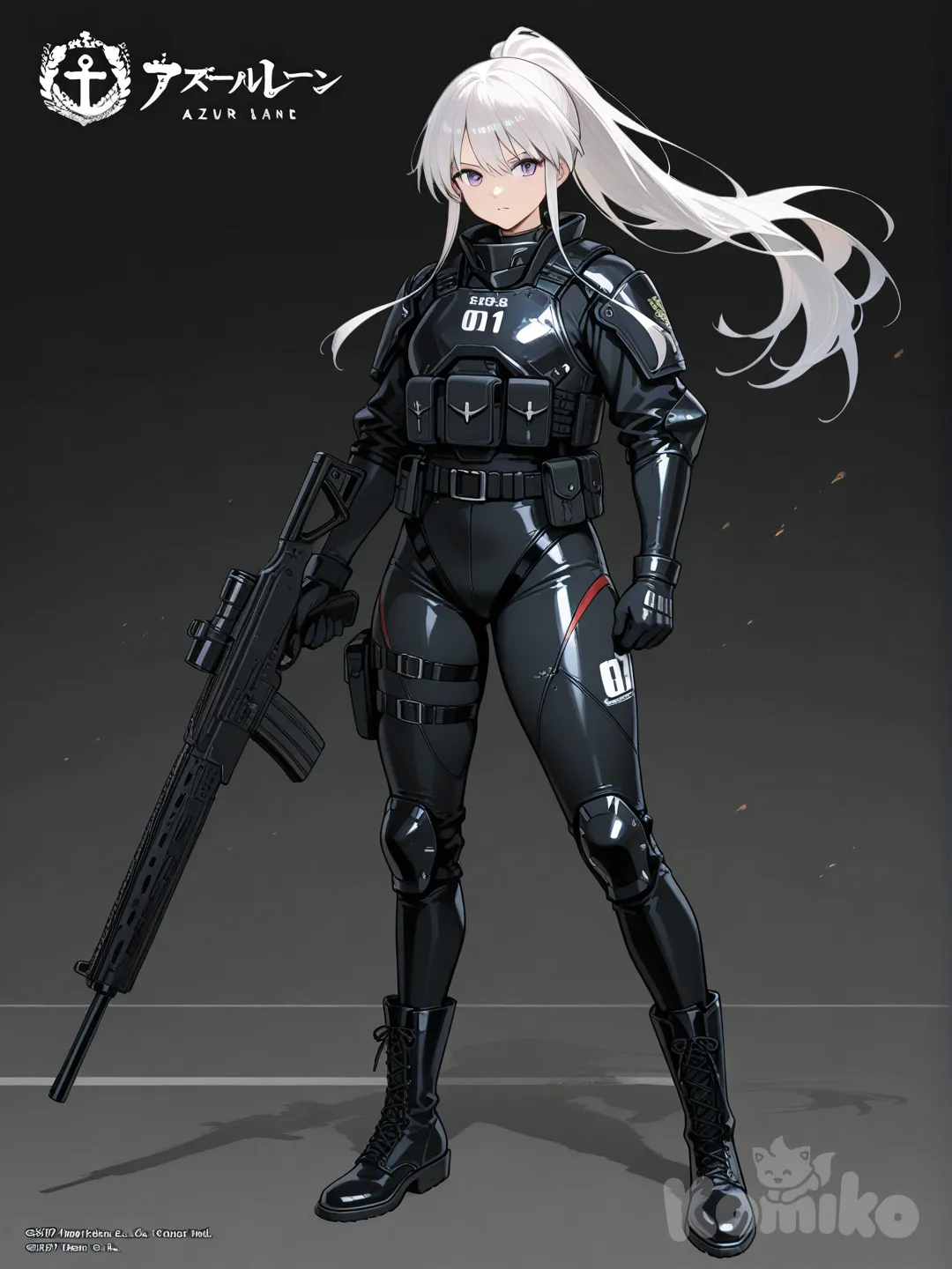 enterprise (azur lane), body armor, bodysuit, ponytail, military, holding weapon
