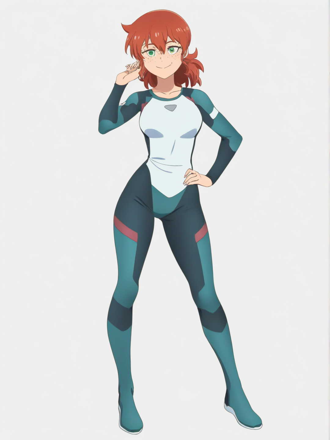 [bright-anime-style] 1girl, red_hair, mature_female, athletic, green_eyes, freckles, fair_skin, tan_skin, diving_suit, single character, full body, looking at viewer, anime style, simple background, white background