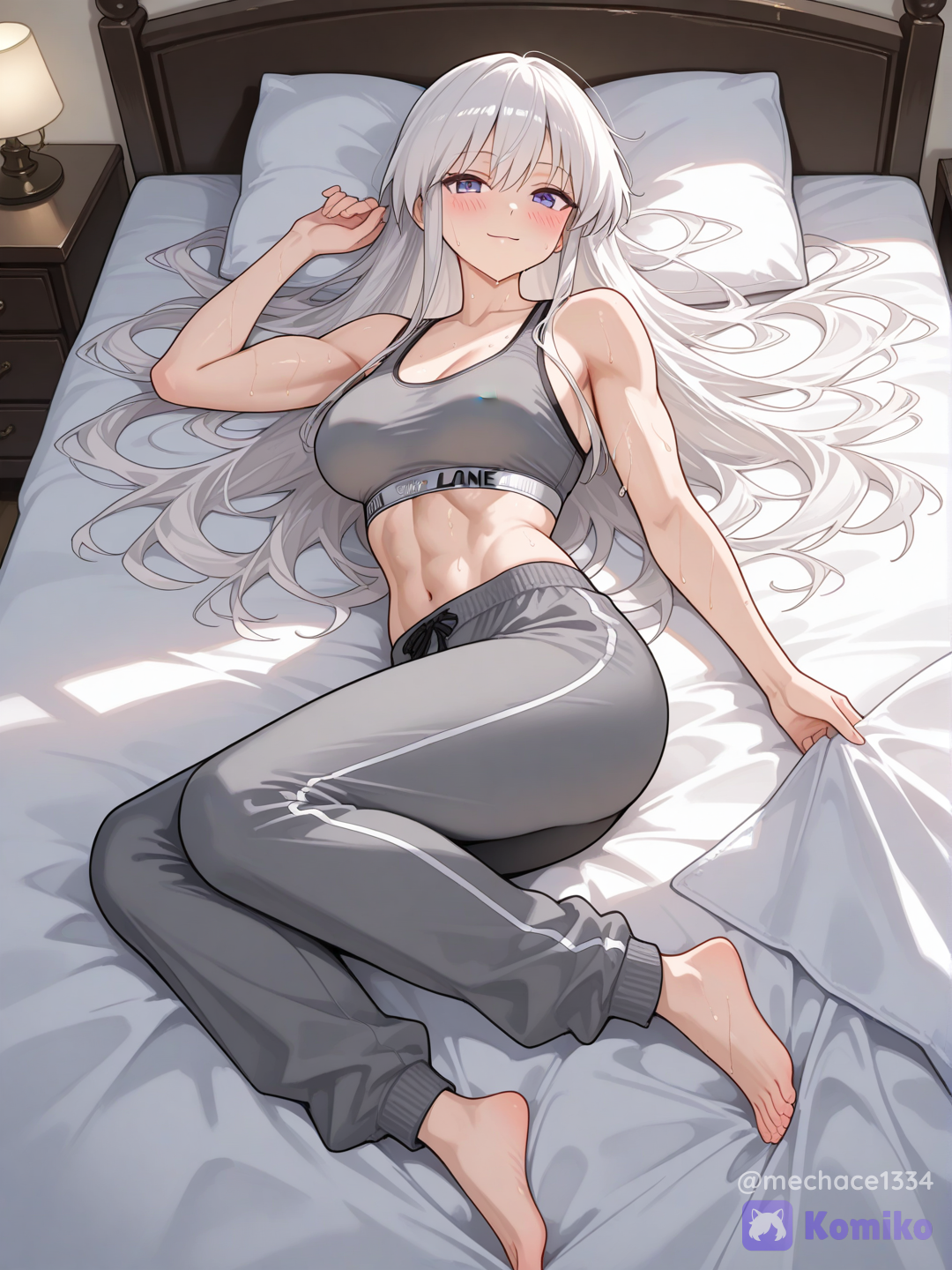 enterprise (azur lane), in bed, full body, sweatpants, gray sports bra