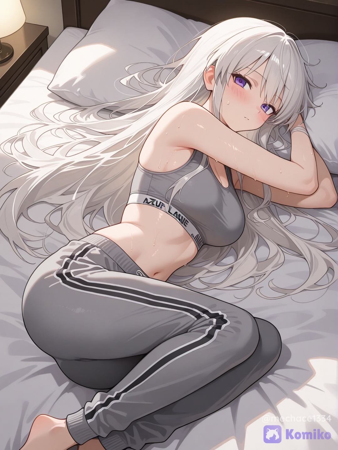 enterprise (azur lane), in bed, full body, sweatpants, gray sports bra