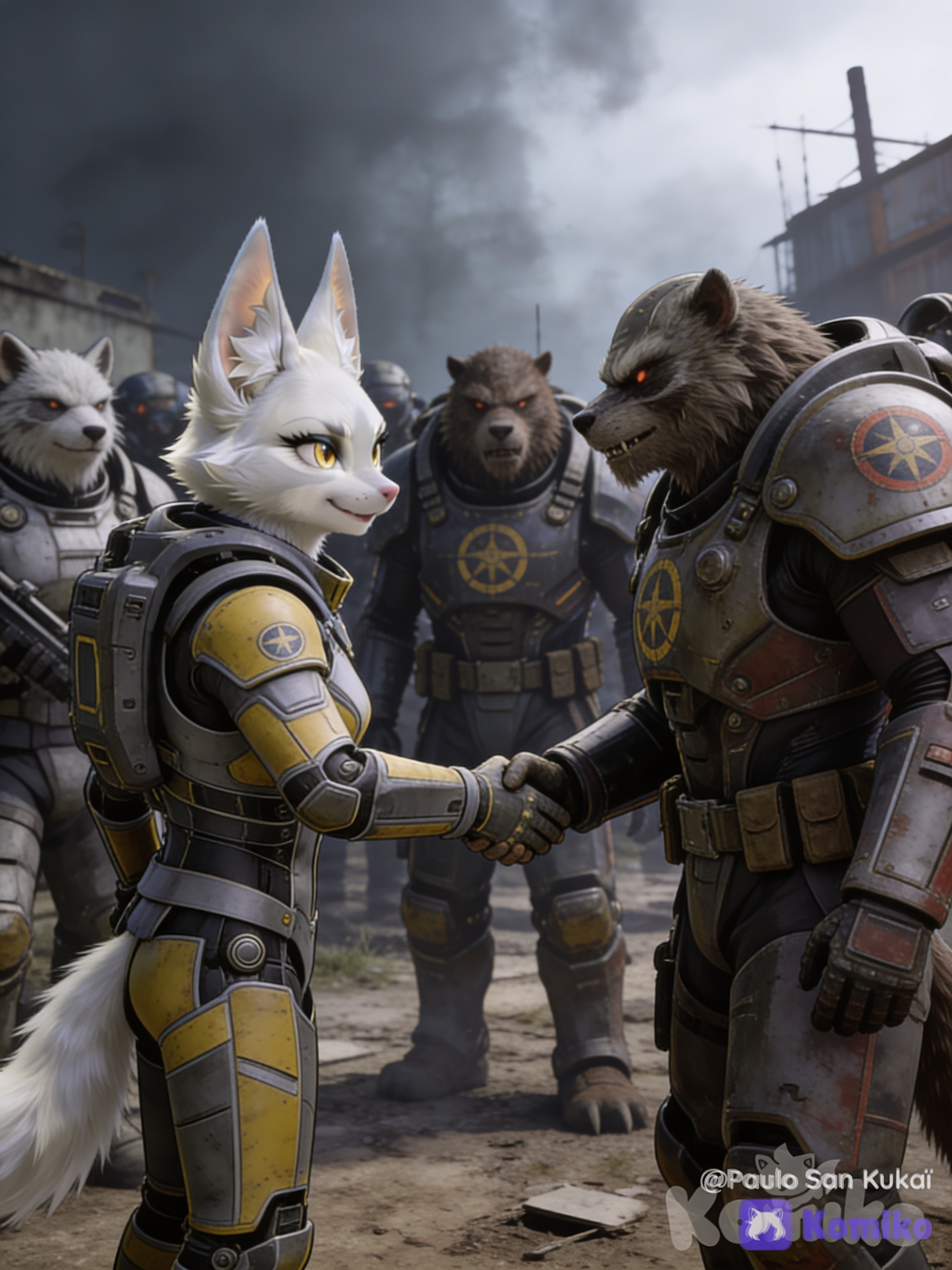 Le personnage de l'image de référence rencontre, de façon amicale, la Confrérie de l'acier. Des animaux anthropomorphes vêtus d'armures assistées.