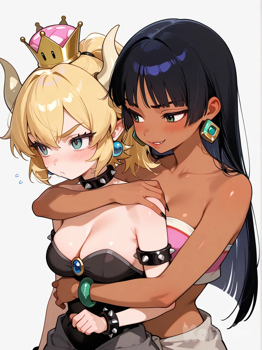 chel morena, el dorado, petite, tetas medianas, ojos verdes, junto a @Bowsette, hug from behind