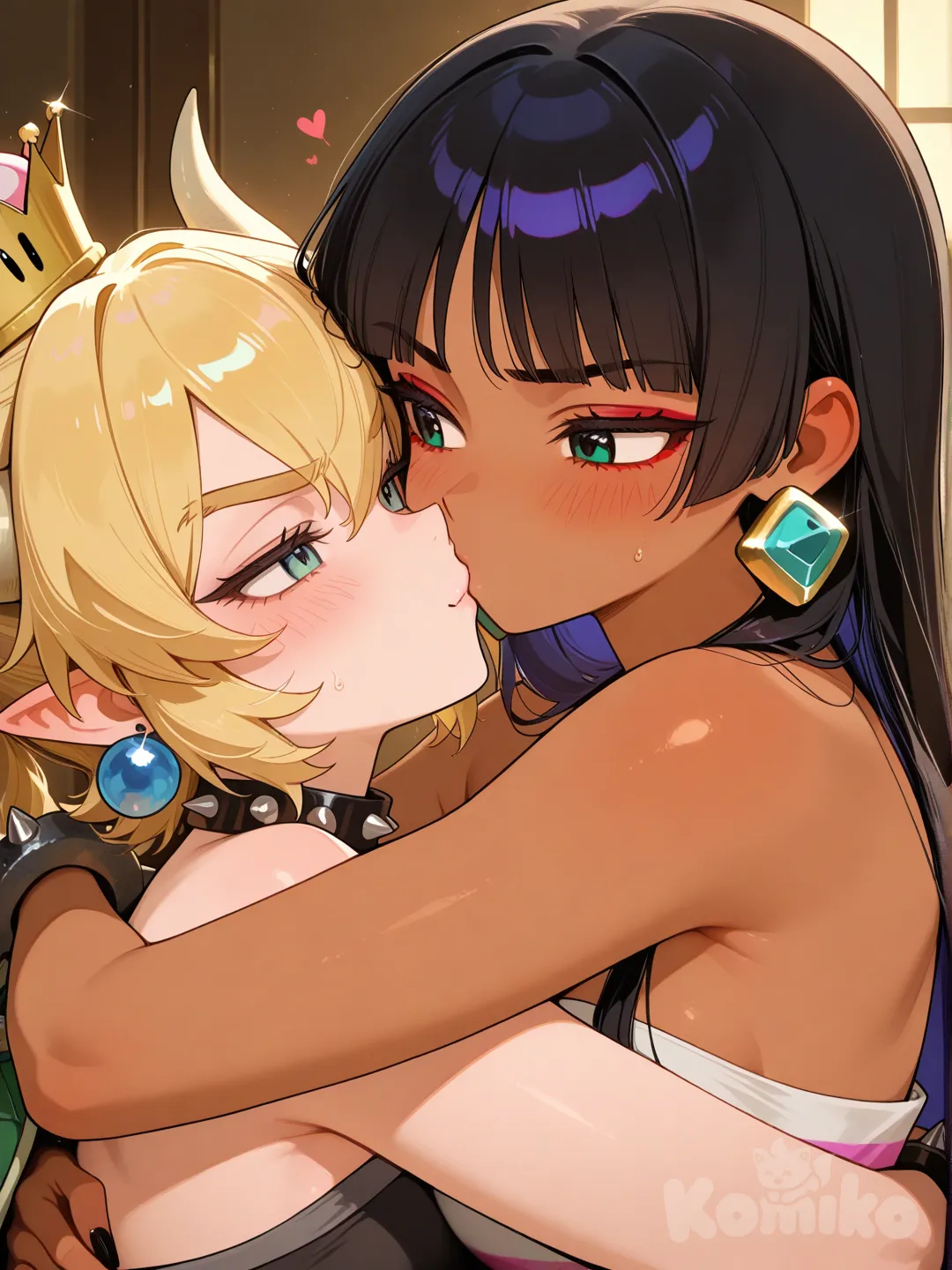 chel morena, el dorado, petite, tetas medianas, ojos verdes, junto a @Bowsette, hug from behind, kissing cheek