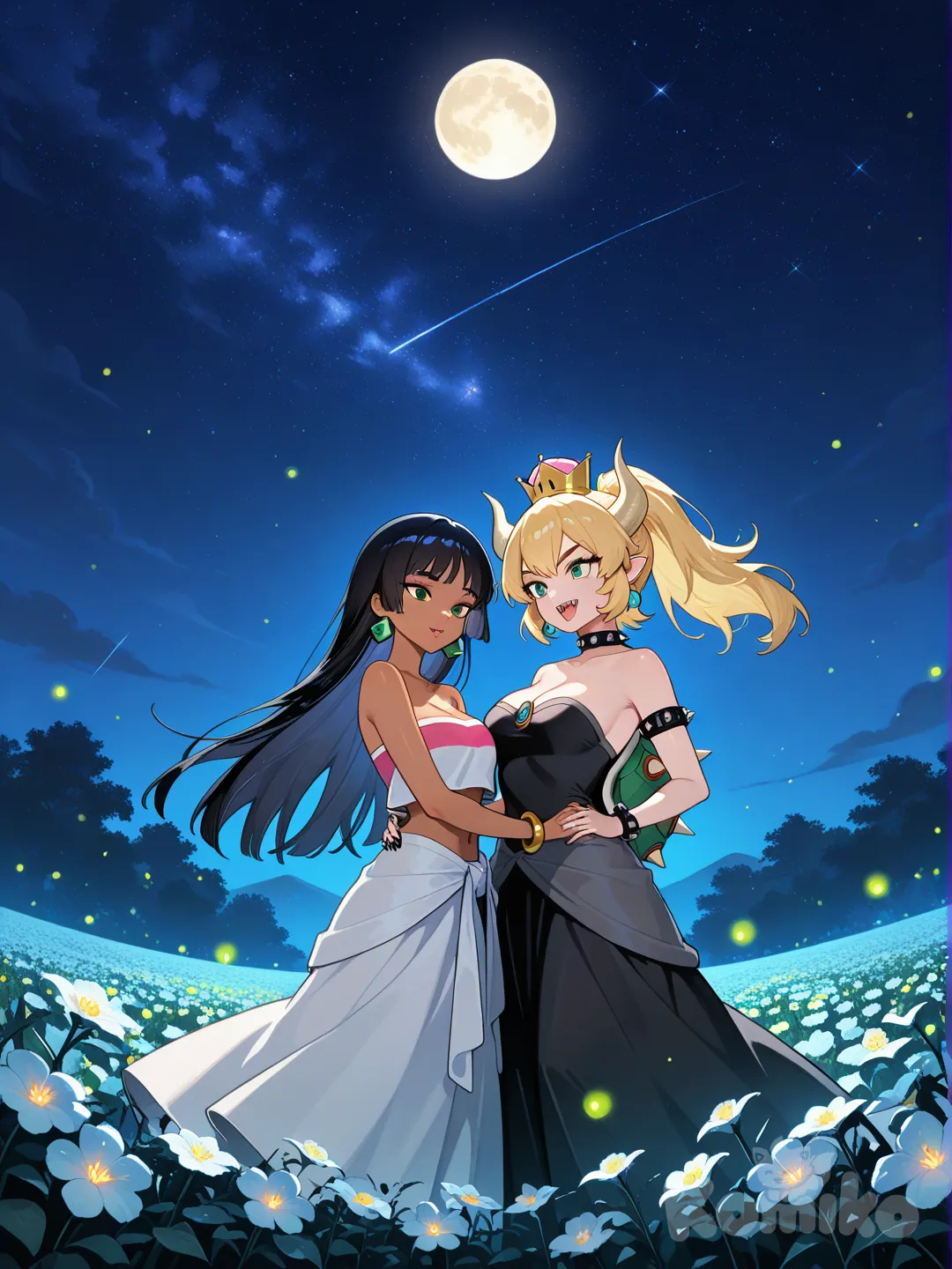 chel morena, el dorado, ojos verdes, junto a @Bowsette, dancing, fireflys, flowes, fullmoon