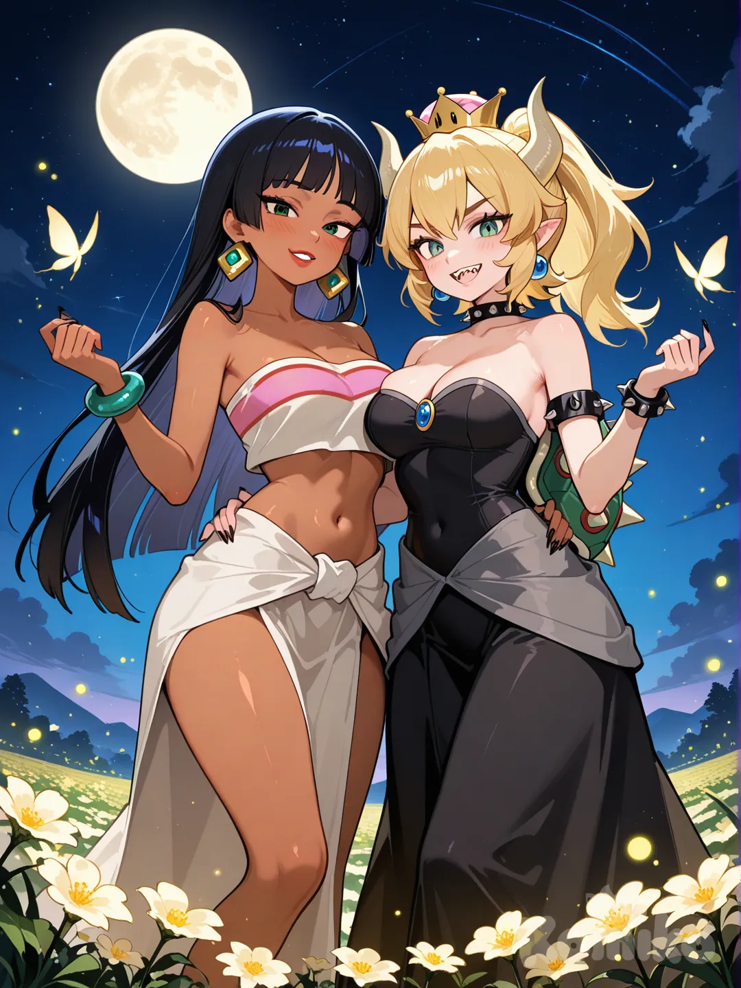 chel morena, el dorado, ojos verdes, junto a @Bowsette, dancing, fireflys, fiel of flowes, fullmoon
