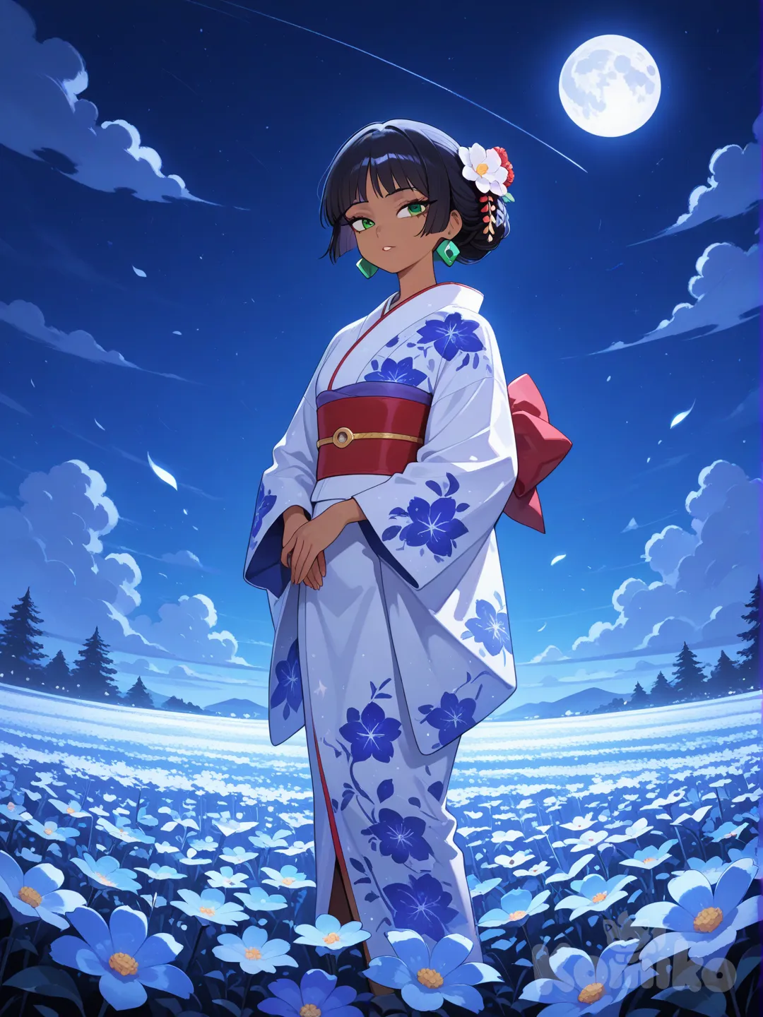 chel morena, el dorado, ojos verdes, fiel of flowes, fullmoon, kimono