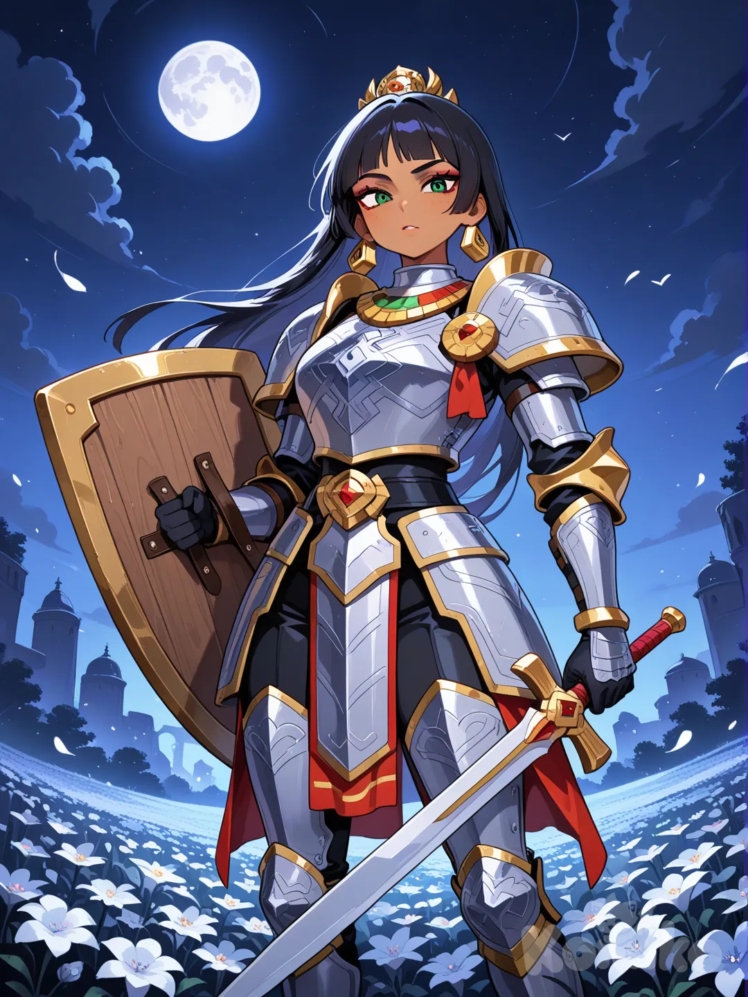 chel morena, el dorado, ojos verdes, fiel of flowes, fullmoon, warrior, armor, sword, shield