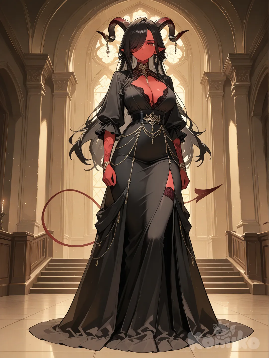 1girl, tall female, demon girl, red skin, one broken horn, goat horns, serious, long black hair, elegant, long dress