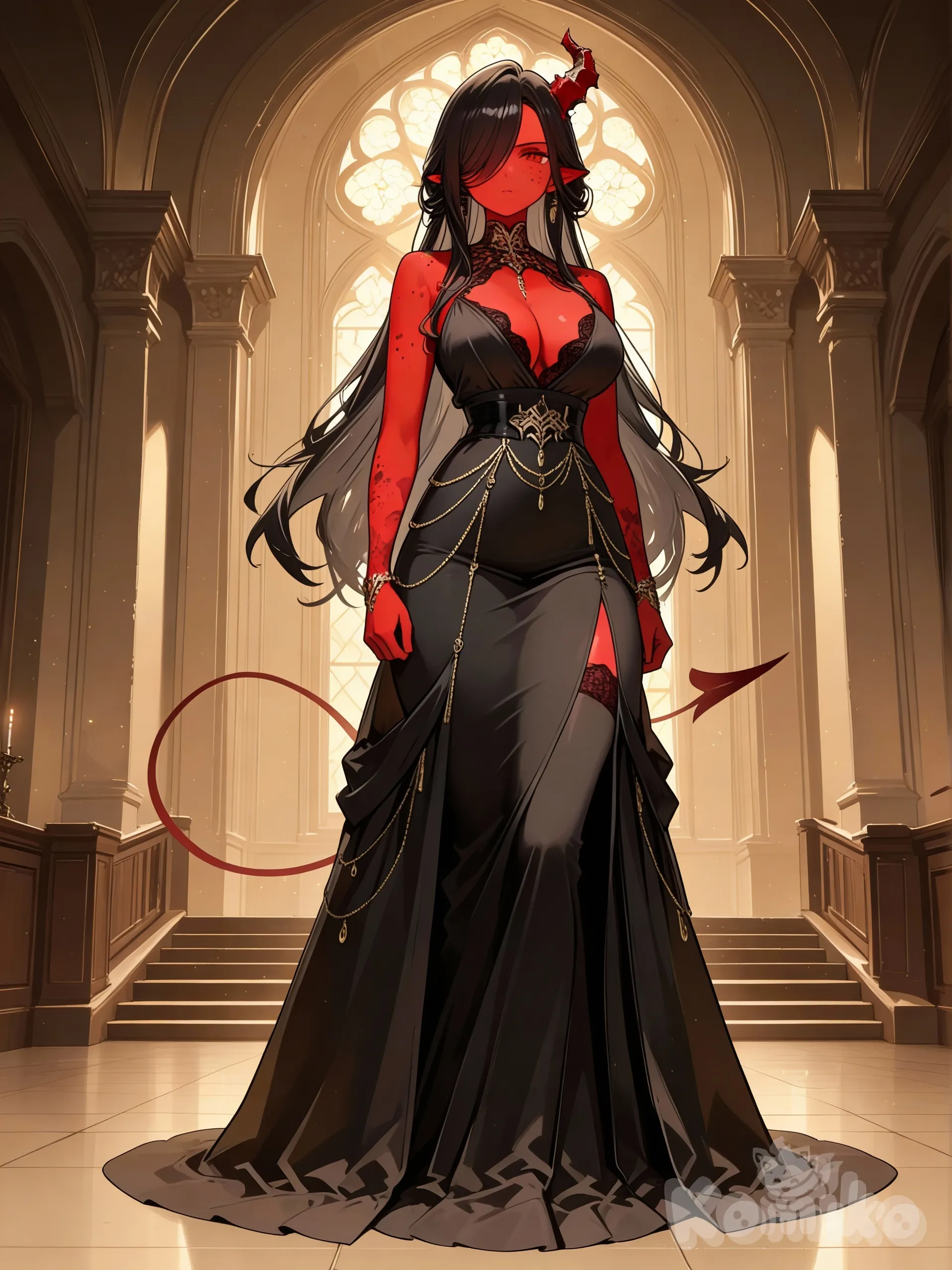 1girl, tall female, esbelta, demon girl, red skin, one broken horn, goat horns, serious, long black hair, black freckles, elegant, long dress