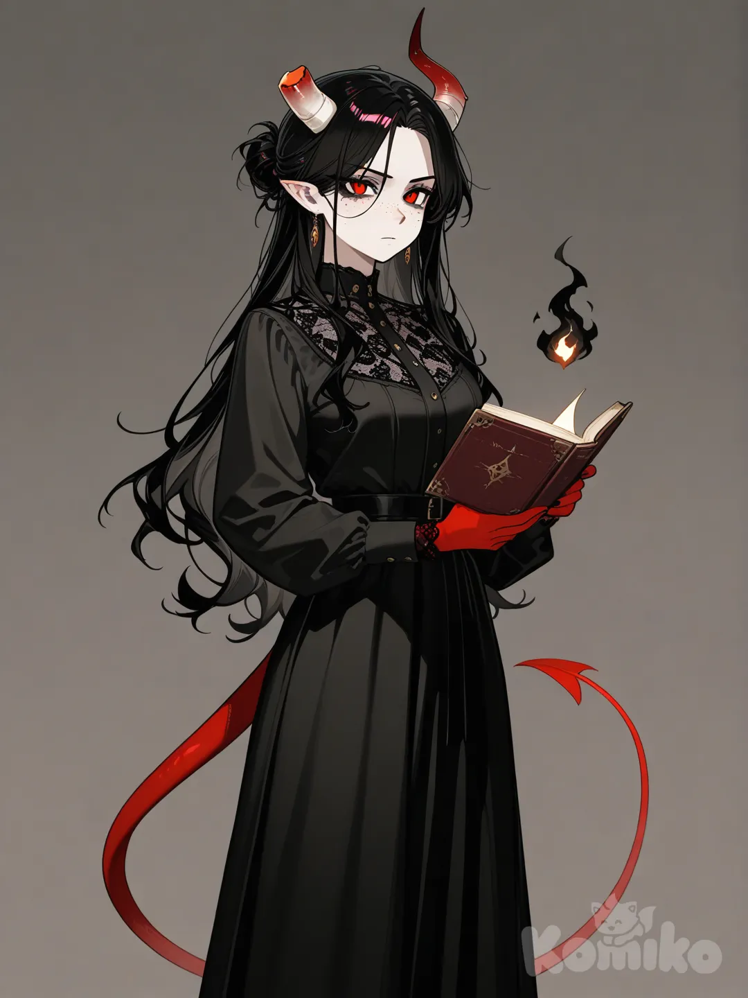 1girl, tall female, esbelta, demon girl, light red skin, one broken horn, goat horns, serious, long black hair, black freckles, elegant, long dress, holding book, black fire