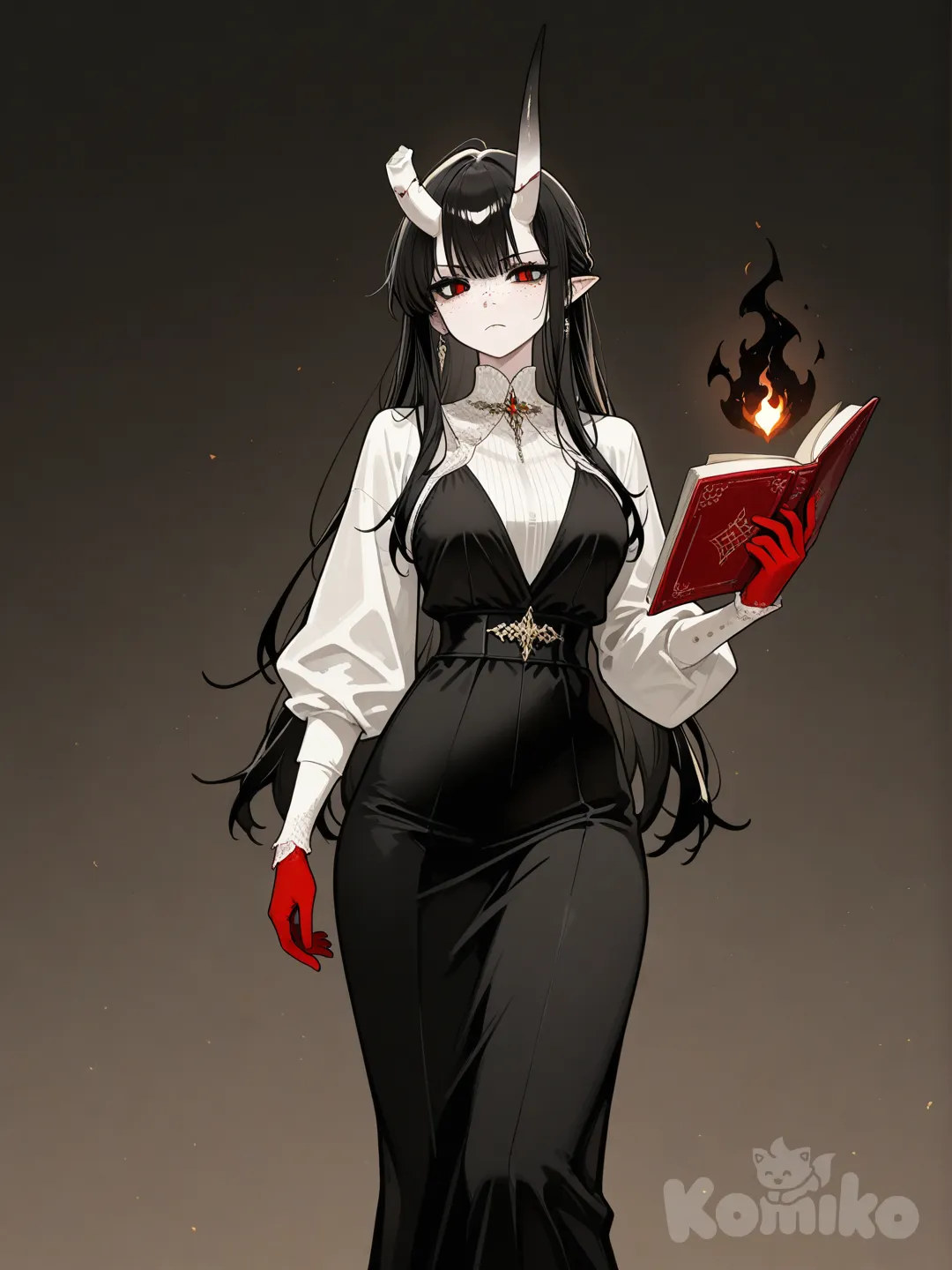 1girl, tall female, esbelta, demon girl, light red skin, one broken horn, goat horns, serious, long black hair, black freckles, elegant, long dress, holding book, black fire