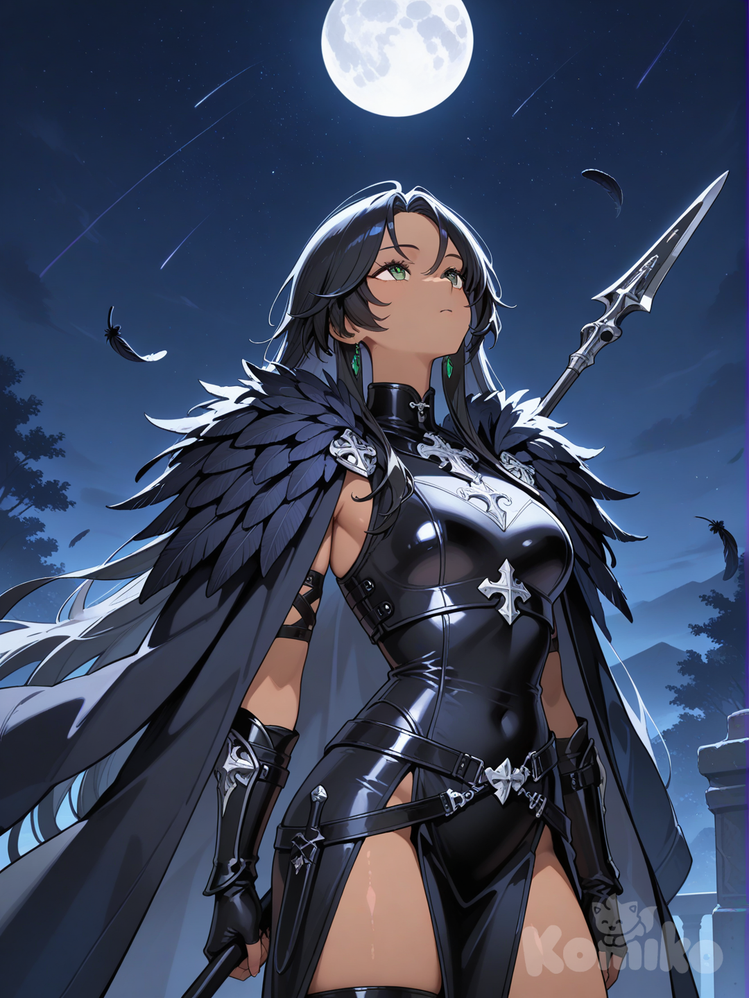 1girl, morena, ojos verdes, slim, athletic, very long hair, black hair, warrior, cleric, black leather armor, spear, raven feathers shoulder, night, full moon, stars, looking at sky