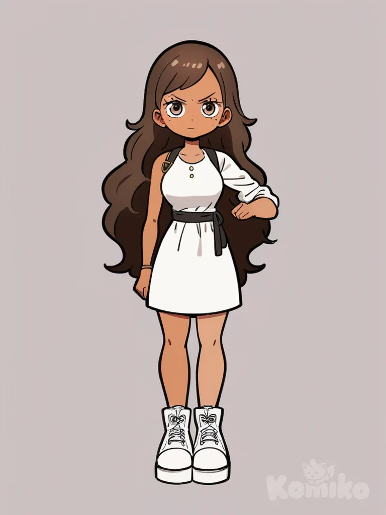 1girl, слегка смуглая кожа, тёмно-коричневые длинные волосы, карие глаза, рост 157 сантиметров, две родинки под правым глазом, два родимых пятна: одно на задней части правого предплечья, второе на правой груди, белое платье до колен на брительках, One Piece style, single character, full body, looking at viewer, anime style, simple background, white background