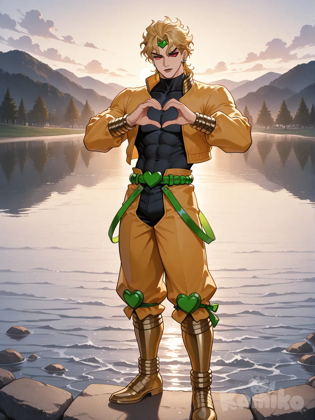 @Dio_Brando, heart hands, full body, lake