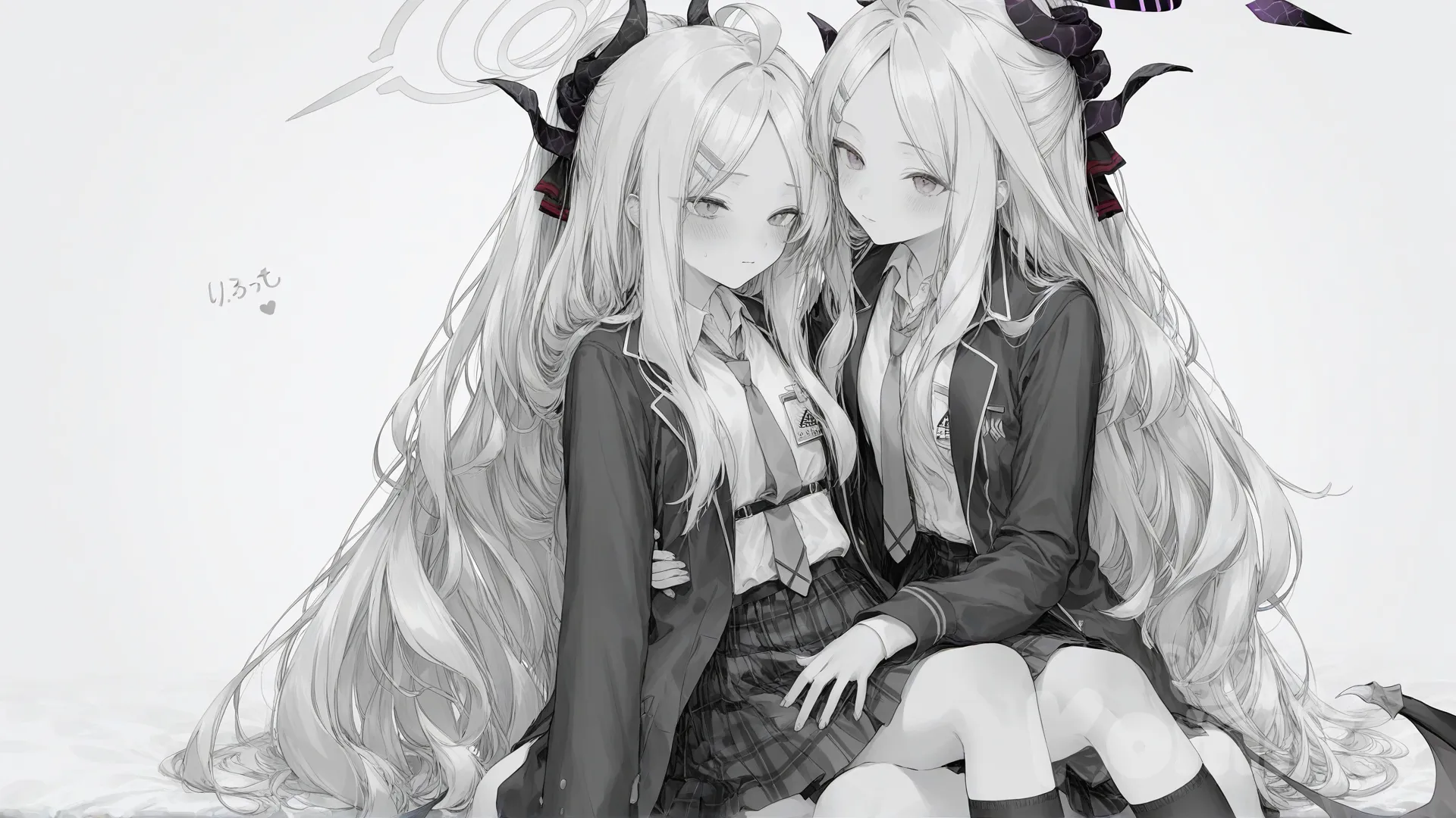 2girls, hoshino (blue archive), hina (blue archive), [sweet-pastel-style], sitting on lap, blush, school uniform