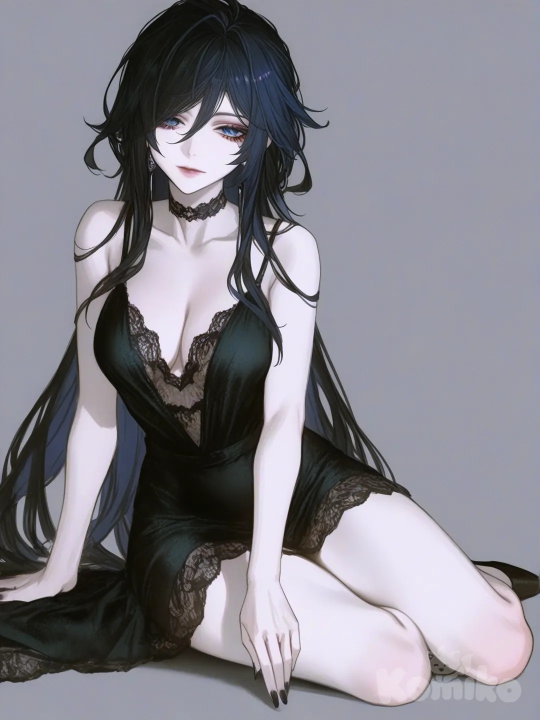 [semi-realistic-portrait-style] 1girl, genshin_impact style, original character, teenager, curvy, black_hair, blue_eyes, pale_skin, lace evening_dress, choker, jewelry, single character, full body, looking at viewer, simple background, black_background