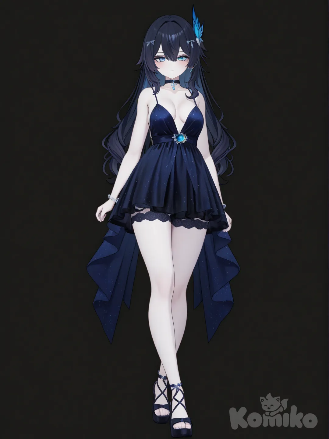 [3d-anime-style] 1girl, genshin_impact style, original character, teenager, curvy, black_hair, blue_eyes, pale_skin, lace evening_dress, choker, jewelry, single character, full body, looking at viewer, simple background, black_background