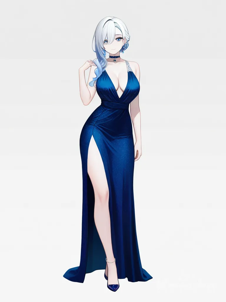 1girl, genshin_impact style, original character, teenager, curvy, white_hair, blue_eyes, pale_skin, lace evening_dress, choker, jewelry, single character, full body, looking at viewer, simple background, white background