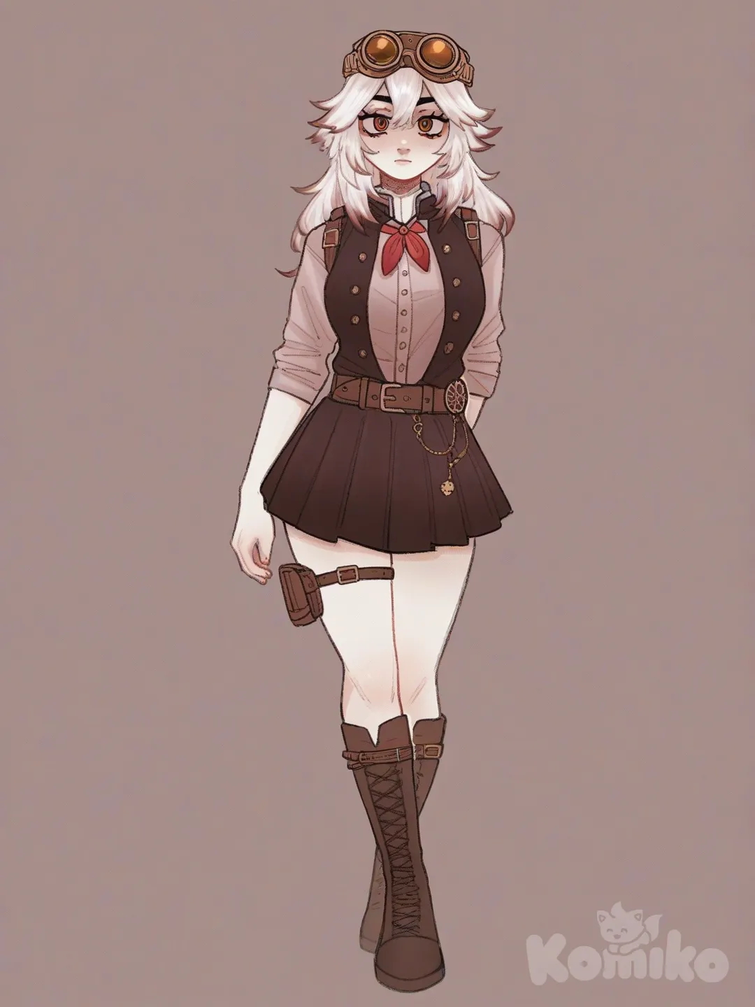 [soft-shaded-moe-style] 1girl, genshin_impact, curvy, solo, teenager, white_hair, red_eyes, pale_skin, hair_accessory, steampunk_goggles, lace, demon_slayer_uniform, skirt, single_character, full_body, looking_at_viewer, anime_style, simple_background, white_background