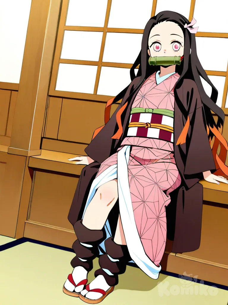 1girl, kamado nezuko, long hair, black hair, orange-tipped hair, bamboo in mouth, pink kimono, sandals, indoors, small taisho era house, single character, full body, looking at viewer, anime style, simple background, white background