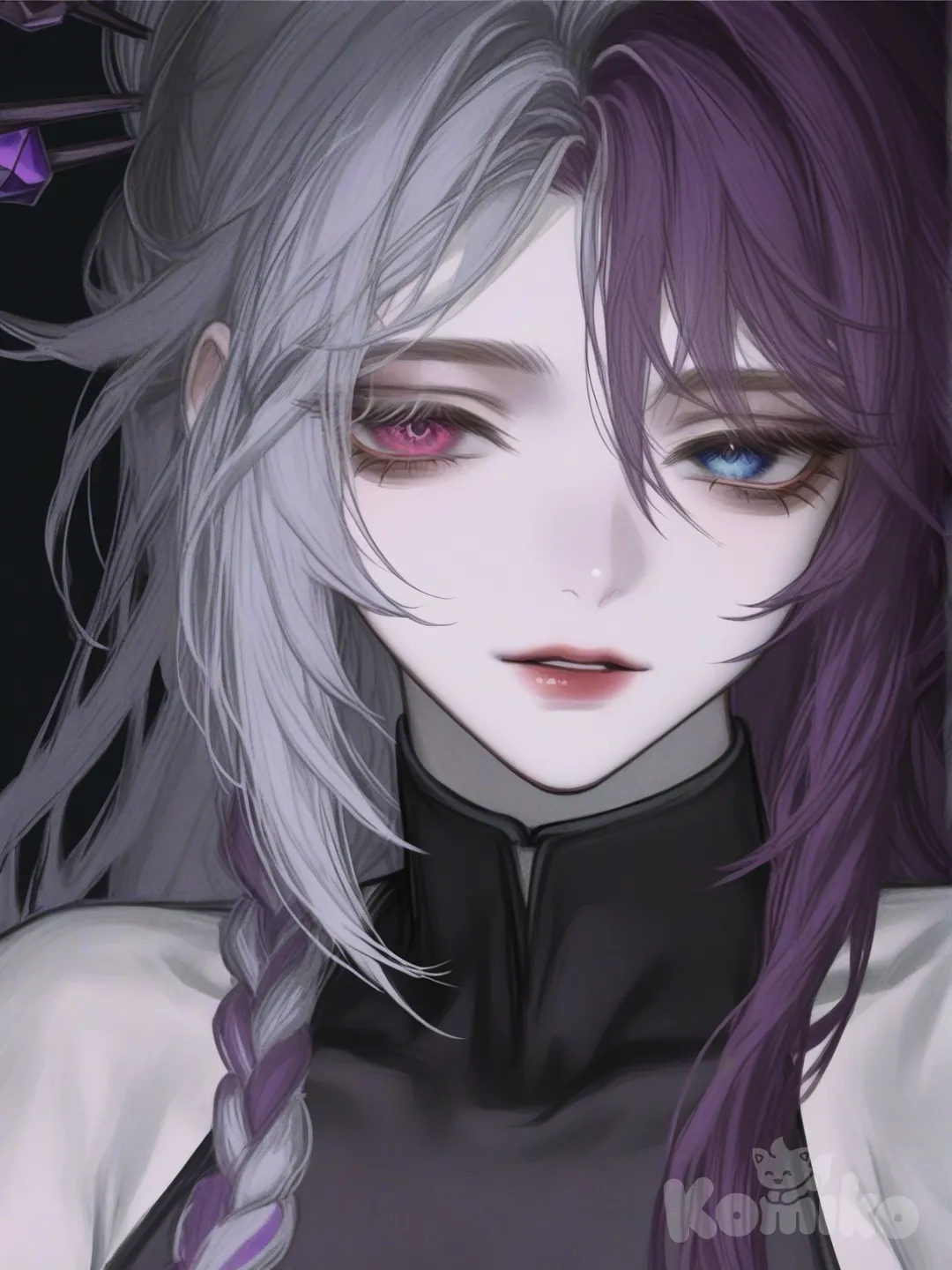 [semi-realistic-portrait-style] 1girl, genshin_impact, curvy, teenager, multicolored_hair, white_hair, gray_hair, purple_hair, heterochromia, blue_eyes, pink_eyes, pale_skin, feathered_bodysuit, hairpin, genshin_impact_background, single_character, full_body, looking_at_viewer, anime_style, simple_background