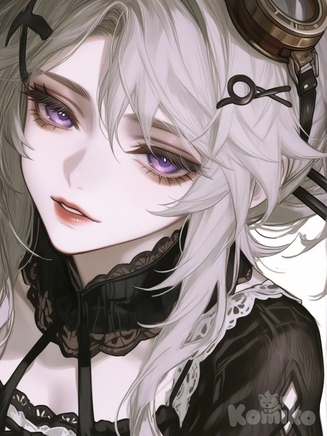 [semi-realistic-portrait-style] 1girl, genshin_impact_style, mature, curvy, silver_hair, purple_eyes, pale_skin, little_black_dress, lace, hairpin, steampunk_goggles, single_character, full_body, looking_at_viewer, simple_background, white_background