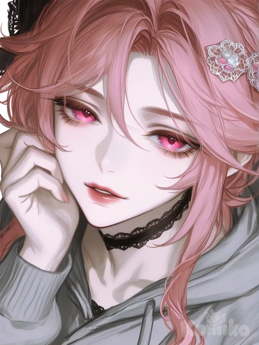 alistic-portrait-style] 1girl, genshin_impact_style, mature female, curvy, short_hair, pink_hair, hair_curls, pink_eyes, pale_skin, small_hoodie, lace touching cheek, hair_ornament, single character, full body, looking at viewer, simple background, white background