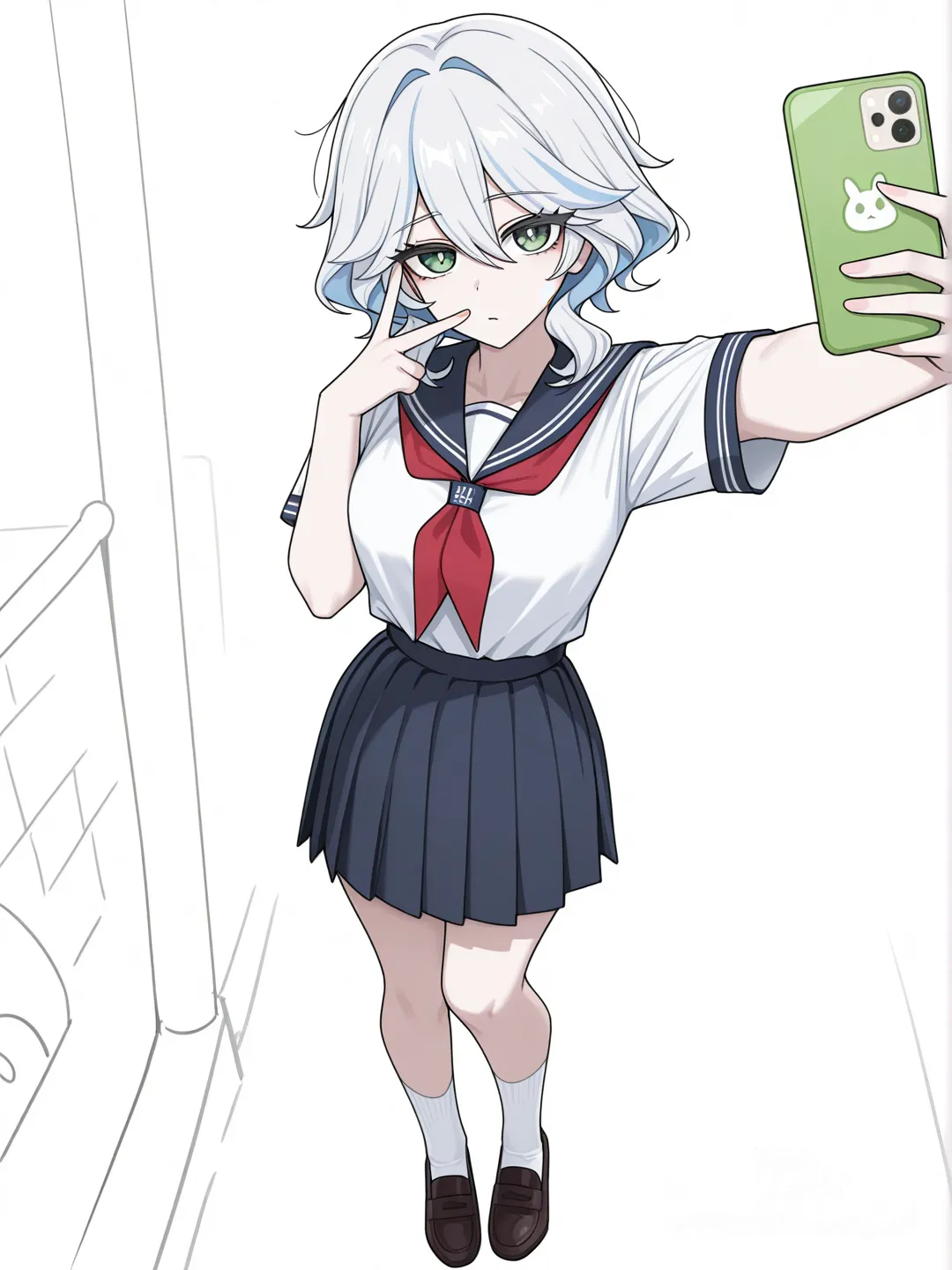 [toon-shaded-style] 1girl, genshin impact style, semi-realistic, mature, off-white hair, green eyes, pale skin, school uniform, lace, taking selfie, street background, single character, full body, looking at viewer, anime style, simple background, white background