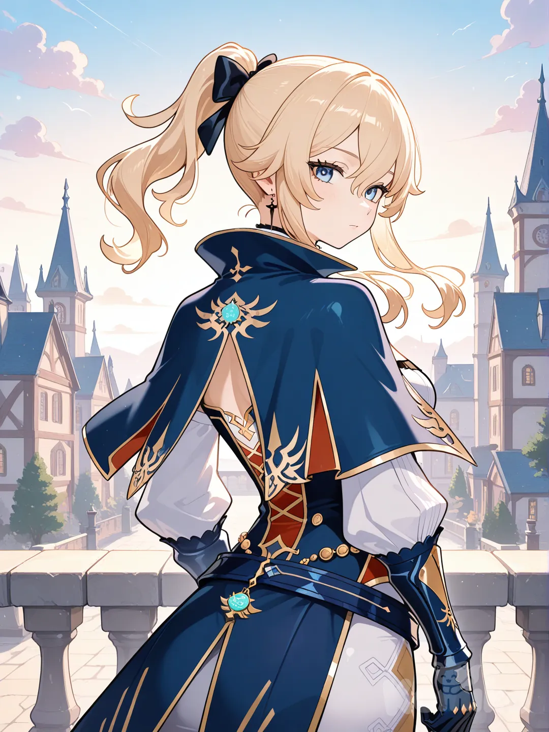 @Jean_(Genshin_Impact), looking back, lace, hairpin, castle